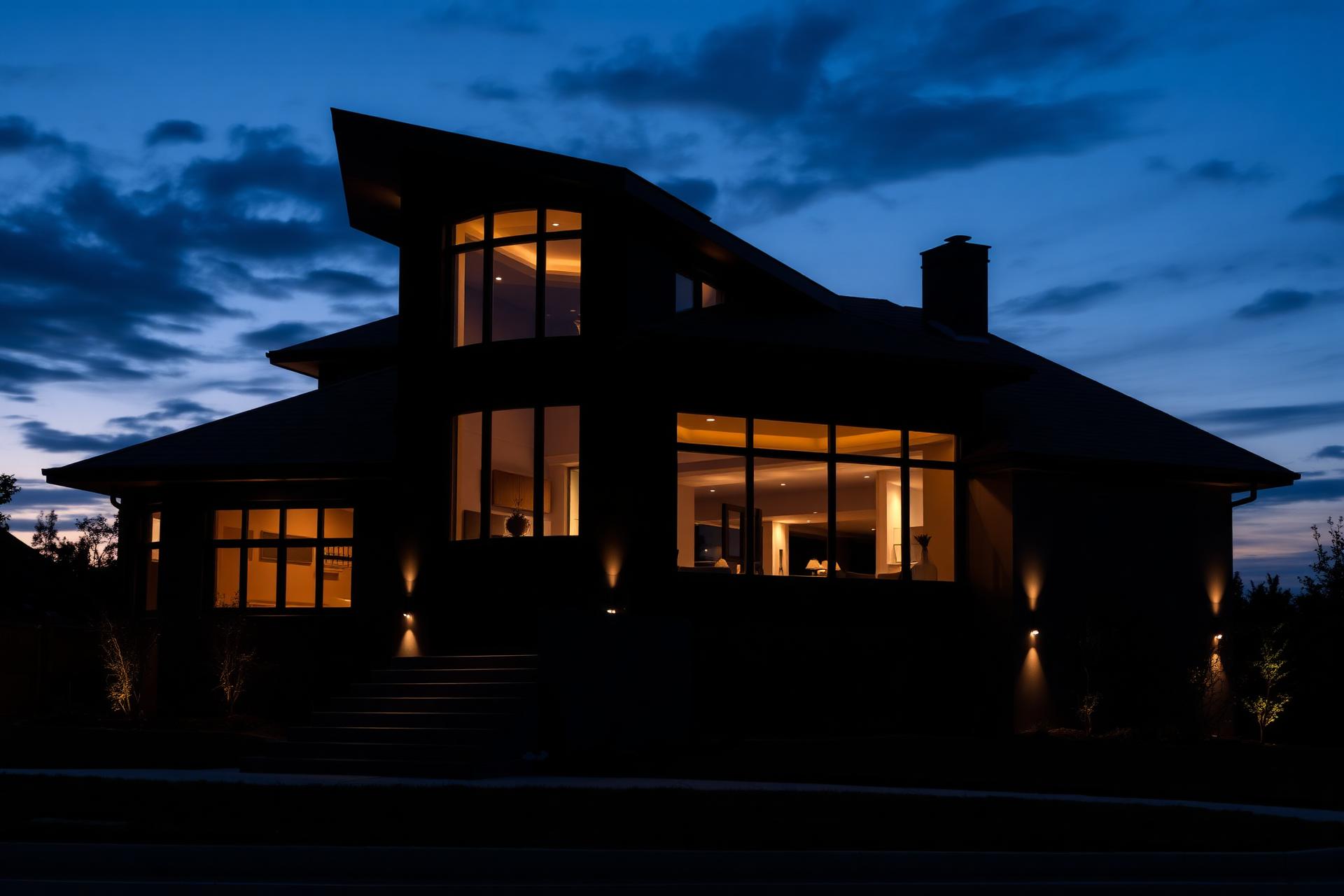 Modern custom home built by Valcore Homes at dusk